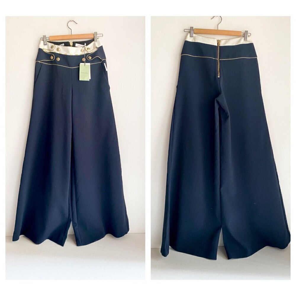 Pierre Balmain Wide Leg Knit Sailor Style Navy BLue Palazzo Pants 36